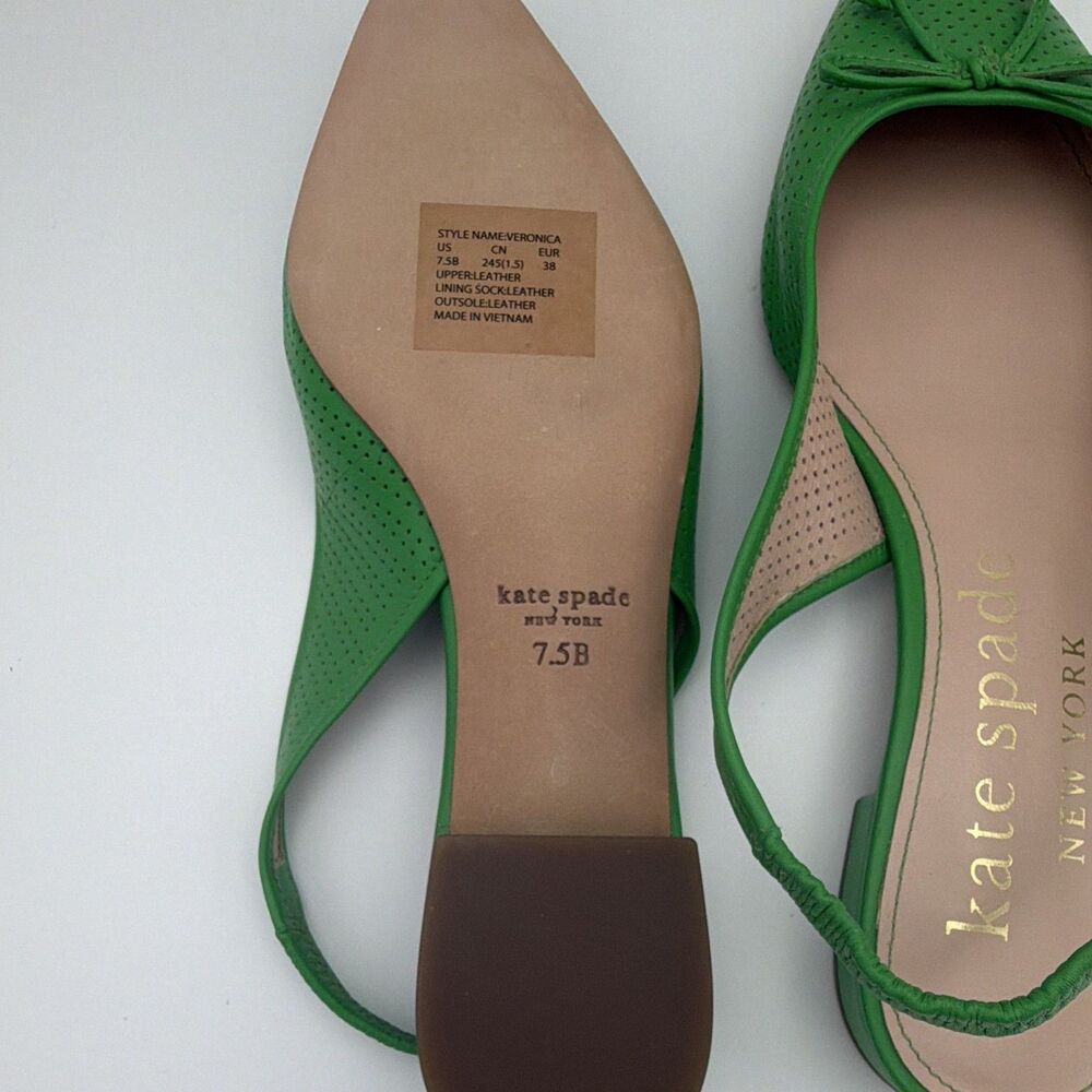 Kate Spade New York Women's Green Leather Slingback Bow Flats Pointed Toe 7.5B - Picture 6 of 10